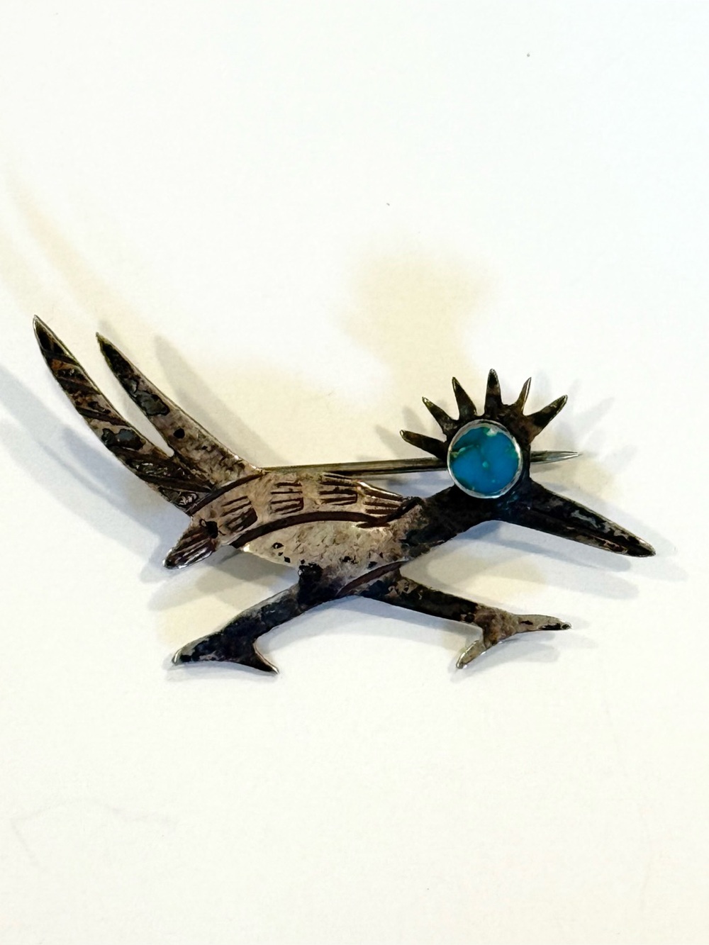 Vintage Native American style Sterling Silver Turquoise Roadrunner Brooch 925